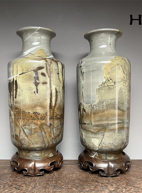 广西天然国画石大花瓶平安草花中式装饰茶室书房客厅奇石礼品摆件