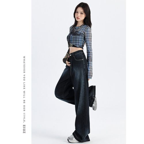 A24897蓝色渐变阔腿牛秋仔裤女季新深款高拖腰宽松美式松弛垂感直 - 图1