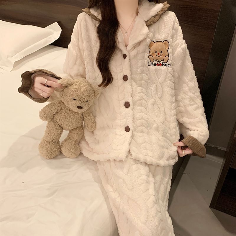 珊瑚绒睡衣女士卡通甜美花边秋冬季新款加厚加绒保暖法兰绒家居服 - 图1