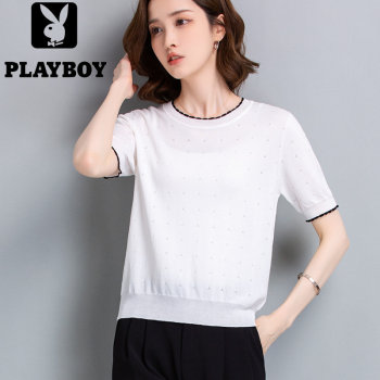 Summer Contrast Color Lace Round Neck Hollow Short Sleeve Silk Sweater Women's Mulberry Silk Versatile Top