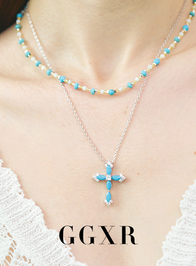 GGXR 925银湖蓝松石蓝十字架项链套装叠戴