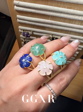 GGXR 欧美小众天然石花朵戒指可调节指环轻奢高级