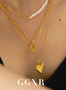 欧美金色爱心复古叠戴吊坠锁骨链