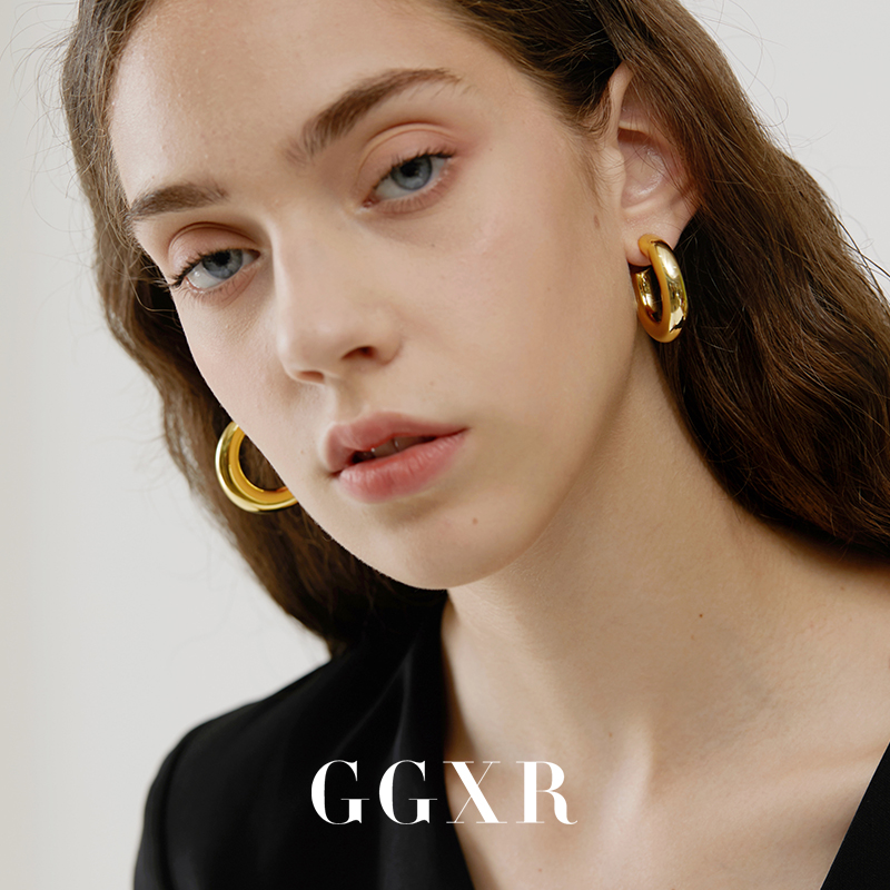 GGXR欧美金属粗圈金银耳环无耳洞耳夹hoop不掉色Hailey男女士同款 - 图0