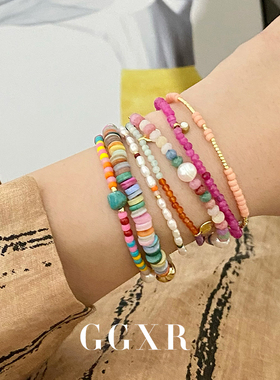 GGXR 夏日彩色原石多巴胺珍珠芭比粉 串珠手链叠戴 百搭精致