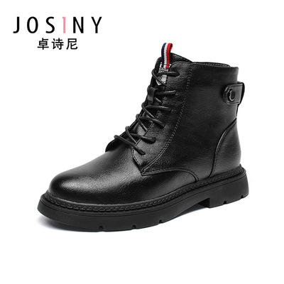 卓诗尼厚绒款圆头粗跟中性短筒骑士靴