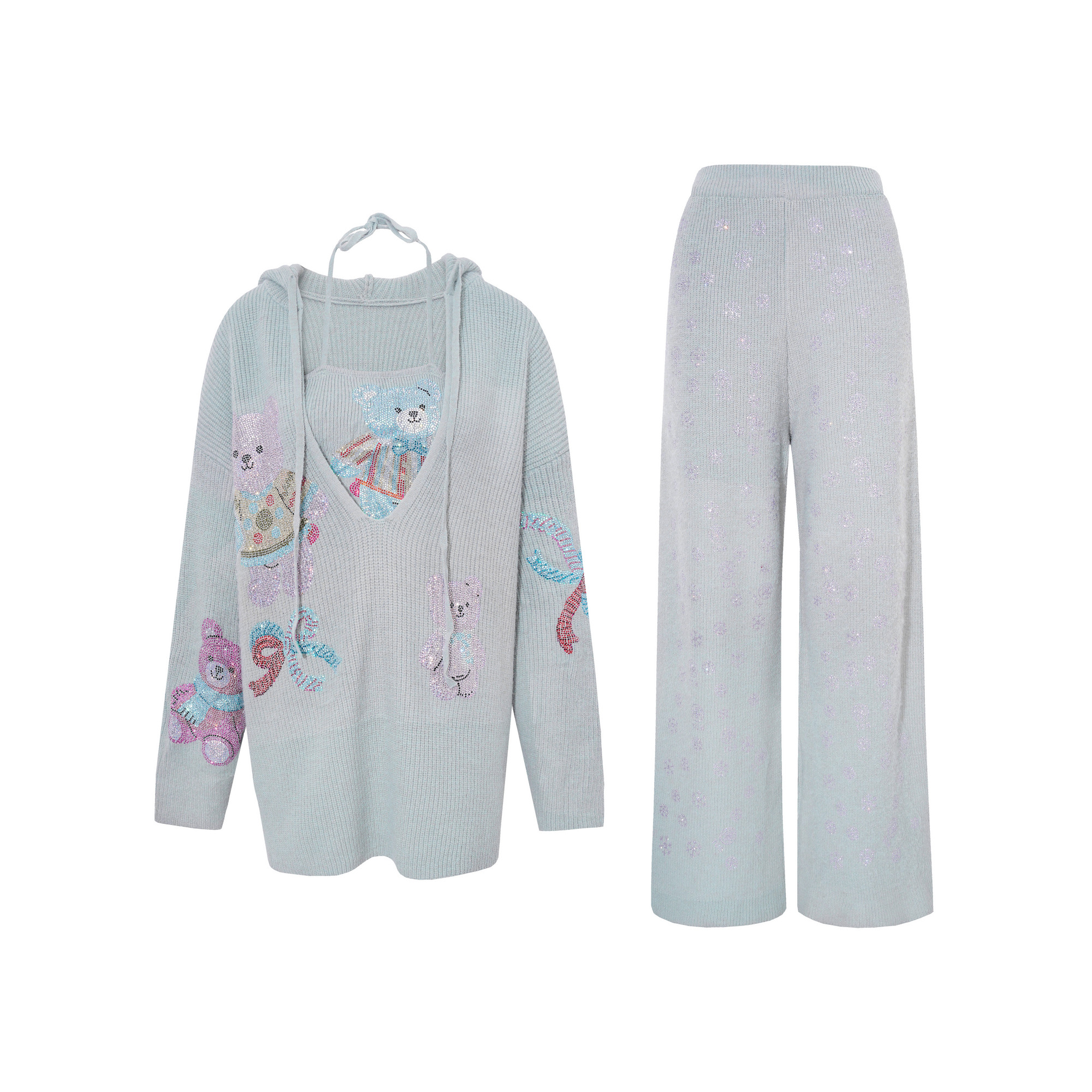 TCH烫钻蓝色背心连帽毛衣休闲裤针织慵懒时尚三件套女T75D07E5028,淘宝优惠券,粉丝福利购,淘宝优惠卷