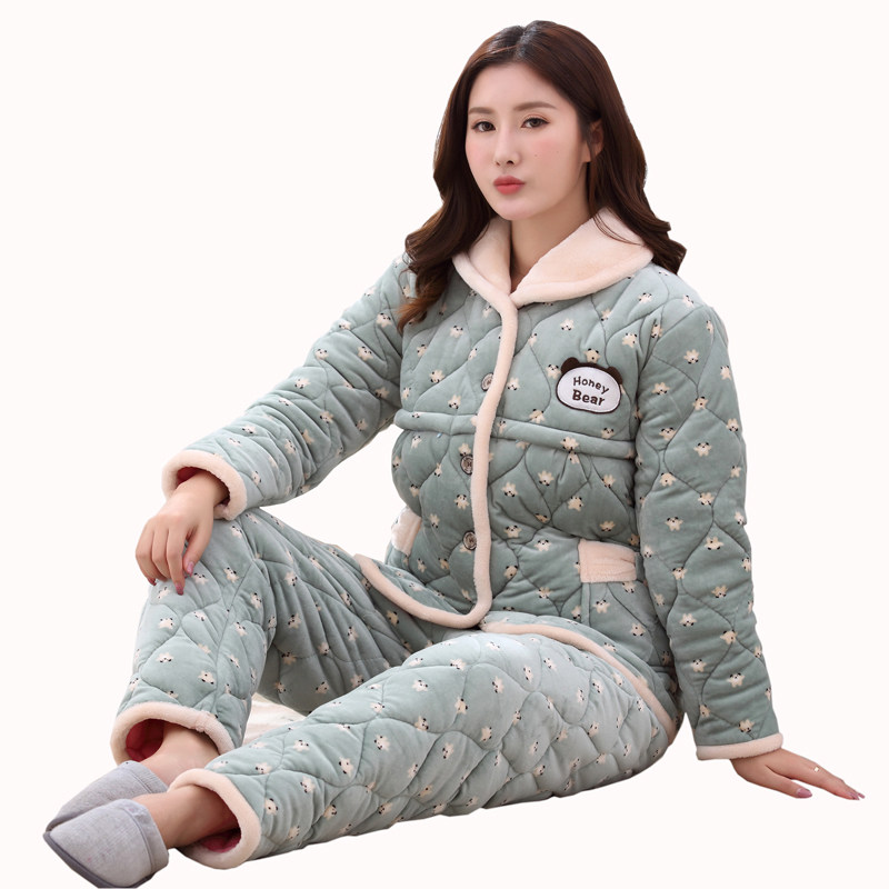 孕妇秋冬季加绒三层夹棉怀孕期睡衣 曲絮家居服套装