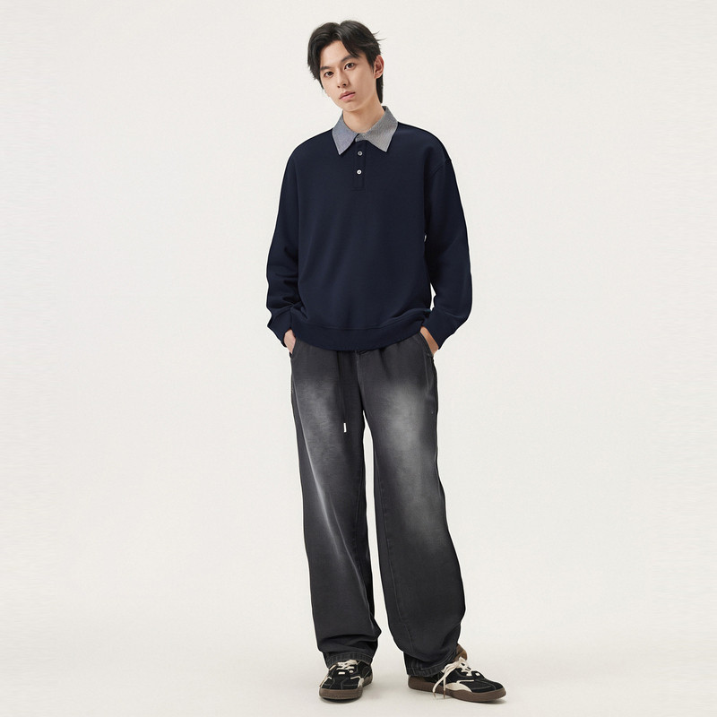 Gxg.jeans men's two-color fake two-piece simple fashionable loose lapel sweatshirt for men spring and autumn hot sale