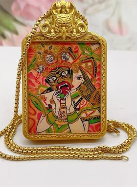 西藏扎基拉姆唐卡吊坠黄财神大黑天钛钢盒金色不掉色嘎乌盒方盒