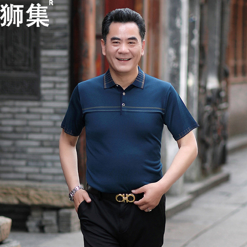 爸爸冰丝中老年男短袖薄款polo衫 狮集T恤