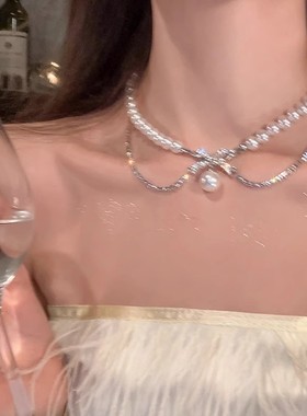 双层蝴蝶结珍珠项链女款轻奢