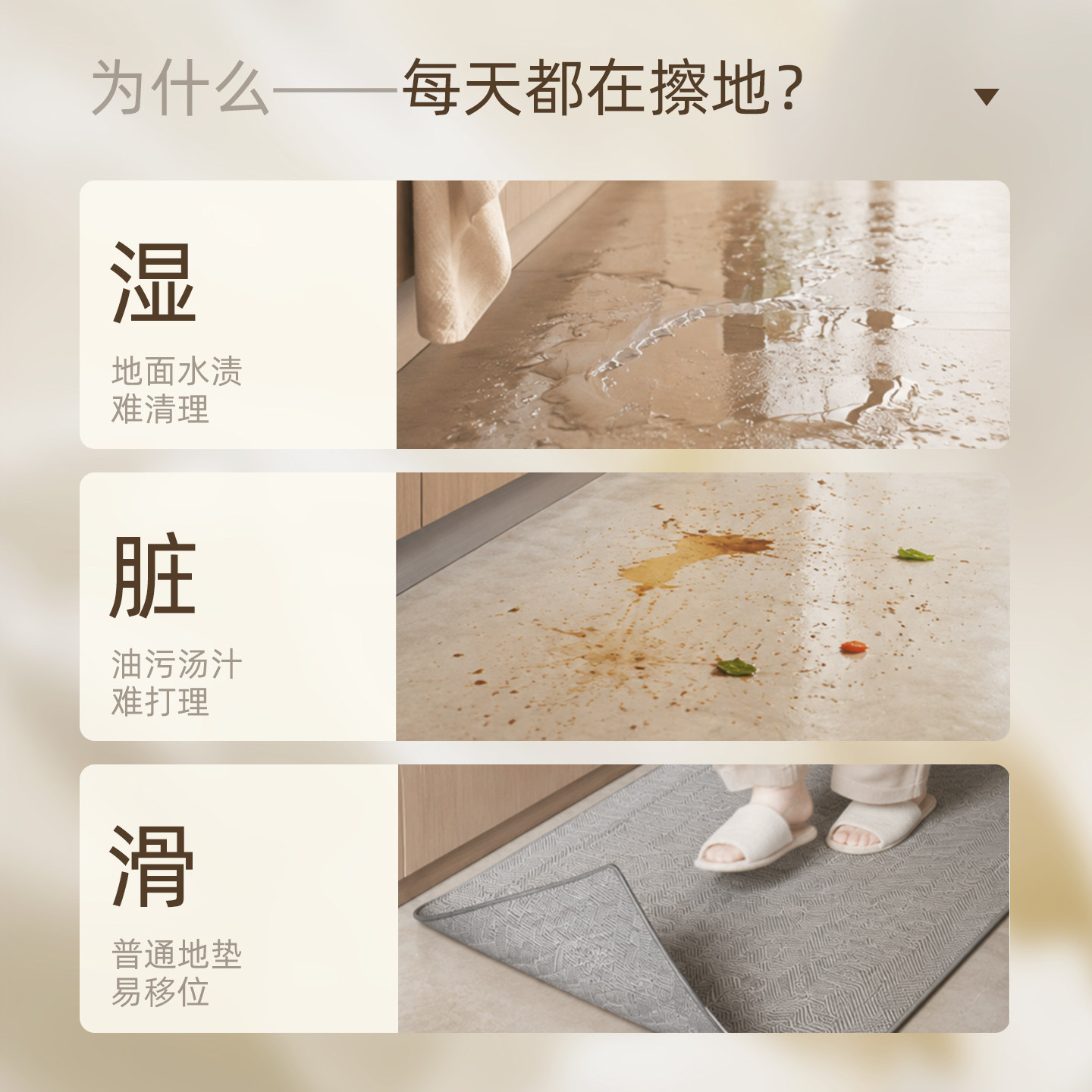 Anti-slip, anti-oil, wipeable, washable kitchen floor mat