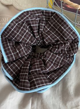 韩系蓝色系拷边格纹小碎花肠圈女