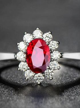 韩版银指环订婚戒指复古红宝石