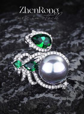 新款欧美轻奢仿大溪地黑珍珠戒指