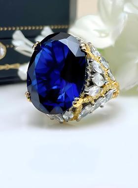 重工奢华人工红宝石戒指蓝尖晶