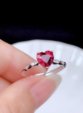 新款简约玫红色爱心形戒指微镶