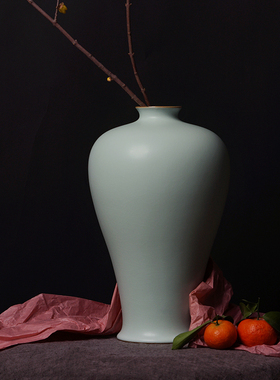 青澹汝窑梅瓶摆件手工景德镇陶瓷