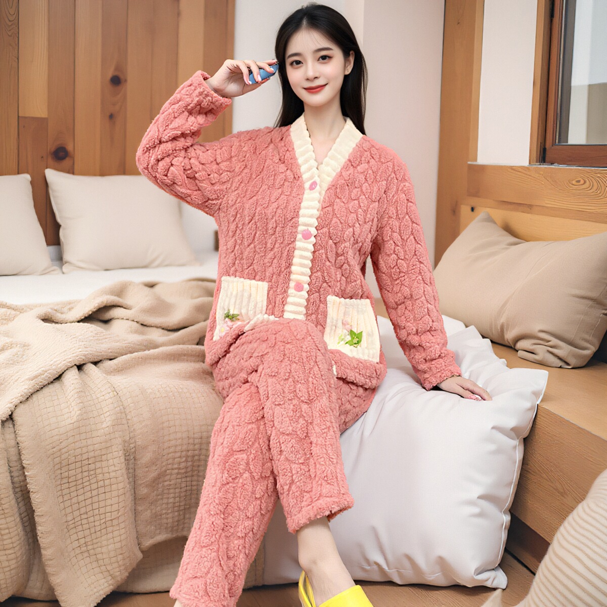 冬天法兰绒睡衣秋冬款女士毛绒长袖珊瑚绒牛奶绒可外穿家居服套装