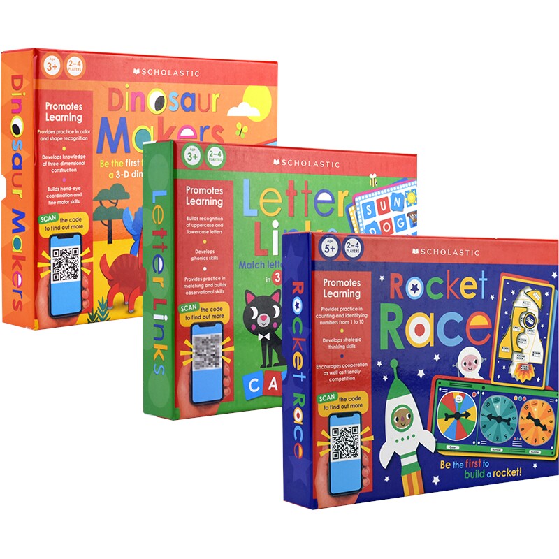 Scholastic Learning Games 学乐字母词汇 恐龙主题桌游 火箭拼图比赛 盒装游戏 学前启蒙 自然拼读 亲子互动 英文原版进口图书