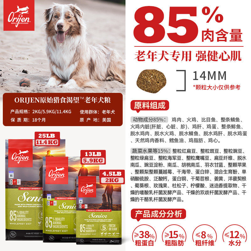 Orijen/渴望老年犬专用狗粮天然无谷鸡肉味低敏高龄犬粮11.4kg - 图2