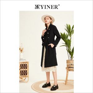 YINER音儿专选女装冬季纯绵羊毛呢子大衣中长款双排扣外套