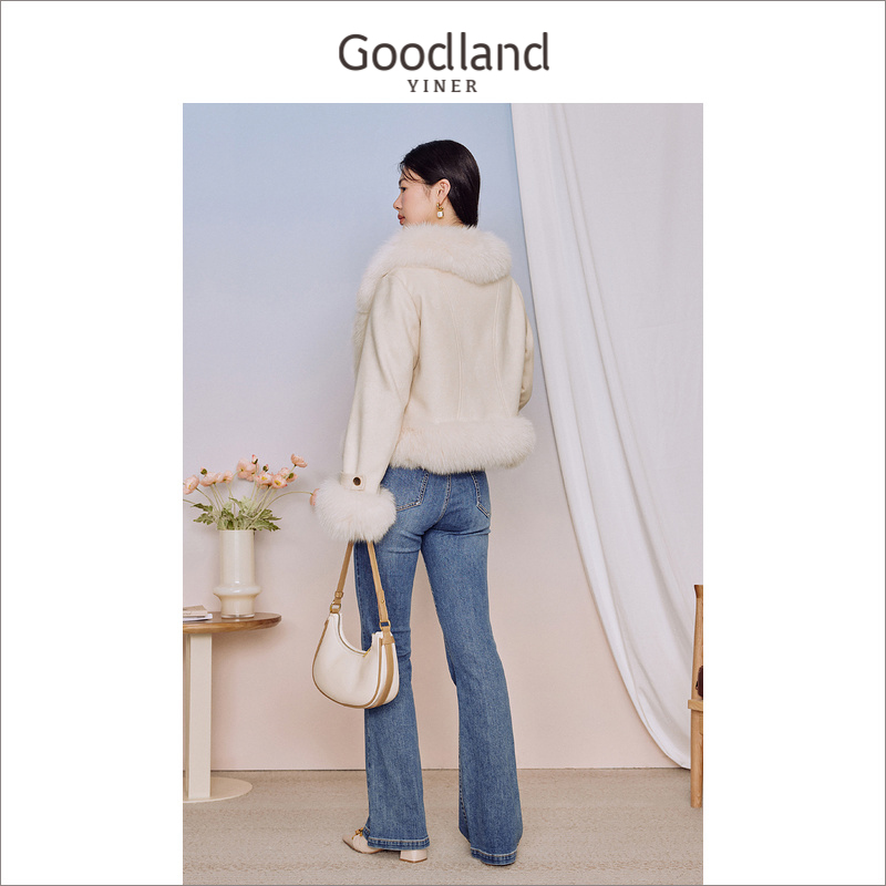 Goodland美地女装2023冬季柔暖狐狸毛领白色皮草拼接羽绒服