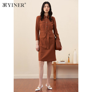 YINER音儿女装冬季衬衫领系带羊毛呢连衣裙