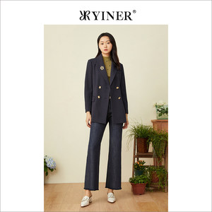 YINER音儿女装春季时尚通勤藏蓝色双排扣西装短外套