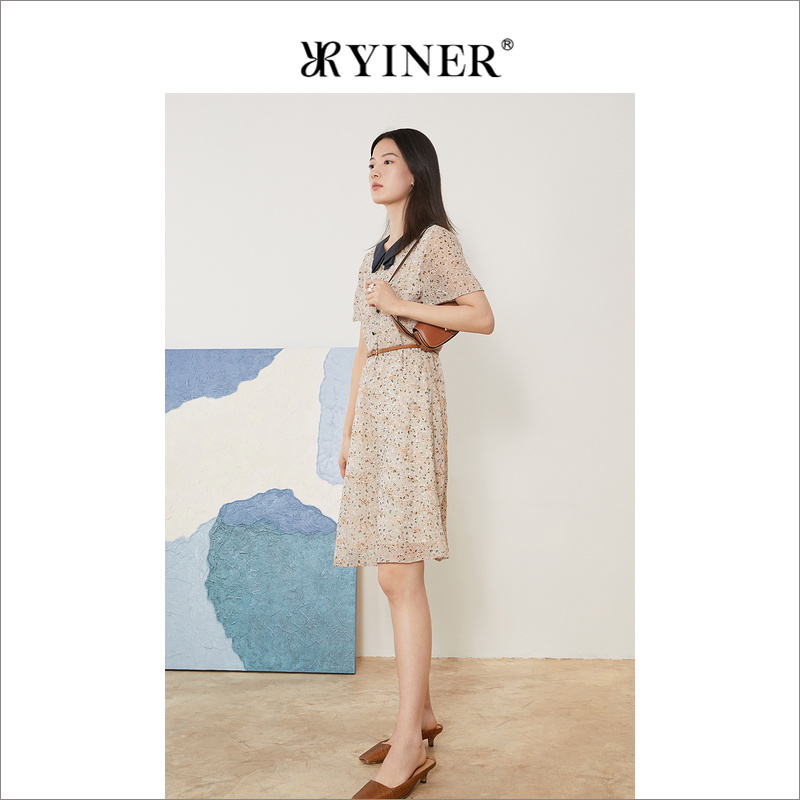 YINER音儿专选女装夏季新设计感撞色翻领碎花连衣裙