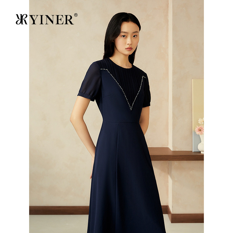 YINER音儿专选夏季新款优雅褶艺钉珠法式显瘦收腰连衣裙