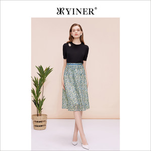 YINER音儿专选女装夏季优雅印花过膝A字裙碎花半身裙