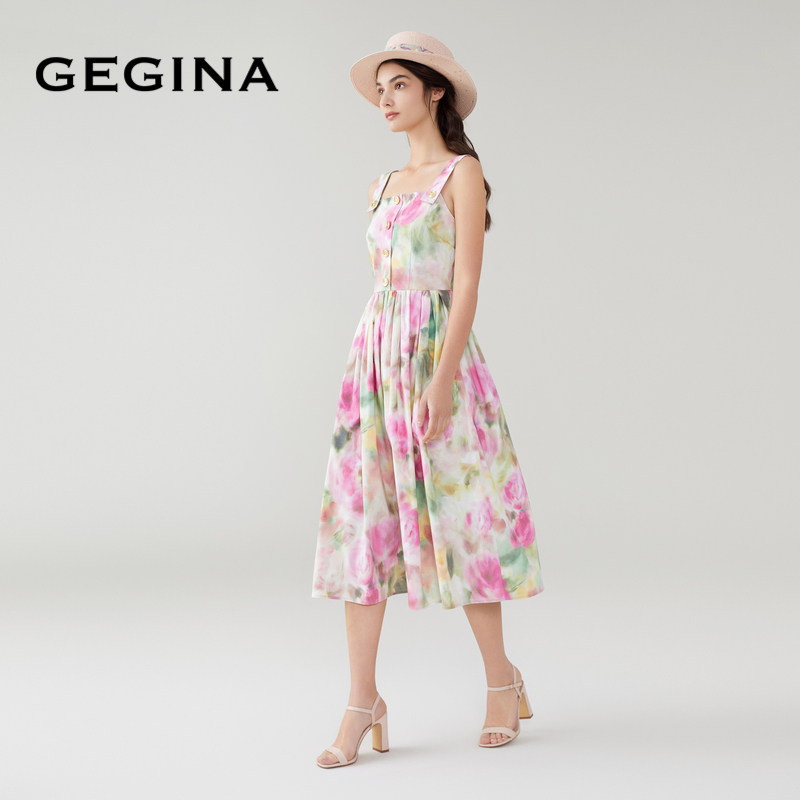 GEGINA吉吉娜女装春夏晕染印花吊带连衣裙收腰高级感气质中长裙,淘宝优惠券,粉丝福利购,淘宝优惠卷