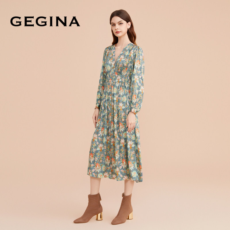 【桑蚕丝】GEGINA吉吉娜新款松紧收腰连衣裙女中长款真丝印花裙子,淘宝优惠券,粉丝福利购,淘宝优惠卷