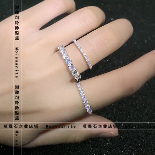PT950铂金进口莫桑石小七大七叠戴满钻排戒18K玫瑰金黄金尾钻戒指 - 图2