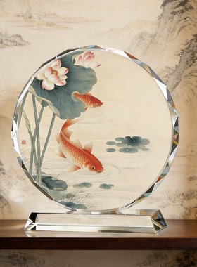 荷间锦鲤水晶摆件年年有余装饰品