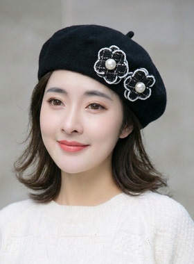 气质小香风手工珍珠羊毛呢贝雷帽英伦白色画家帽女韩版秋冬蓓蕾帽