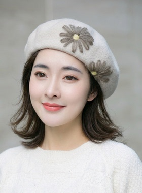 贝雷帽女秋冬韩版文艺羊毛呢画家帽复古南瓜帽手工刺绣花蓓蕾帽子