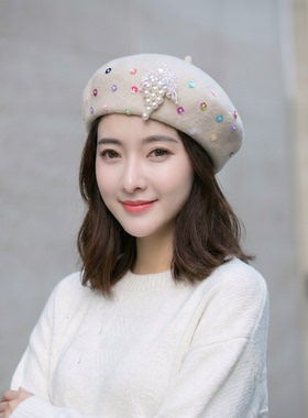 森女手工亮片花朵纯羊毛鸭舌贝雷帽秋冬保暖画家帽日系珍珠蓓蕾帽
