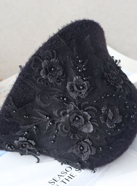 渔夫帽甜美冬重工钉珠蕾丝花朵