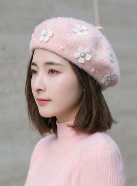 帽子仙女真兔毛白色珍珠花朵画家