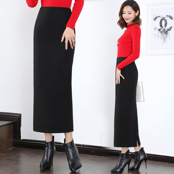 Autumn and winter woolen skirt, high waist hip skirt, mid-length one-step skirt, straight skirt, thickened long skirt