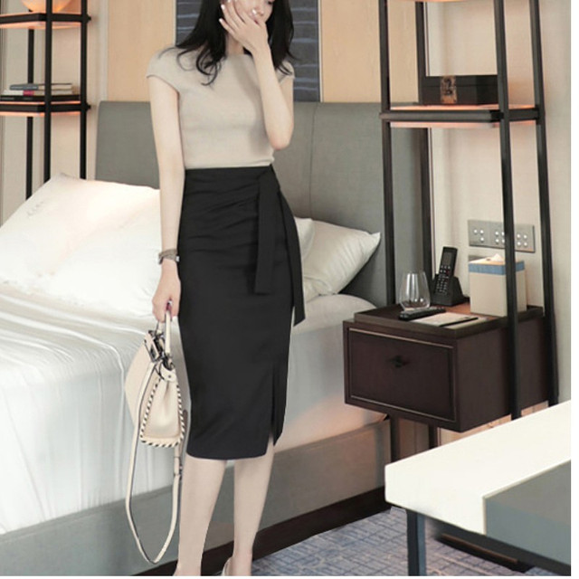 Spring and summer lace-up high-waisted one-step professional suit skirt