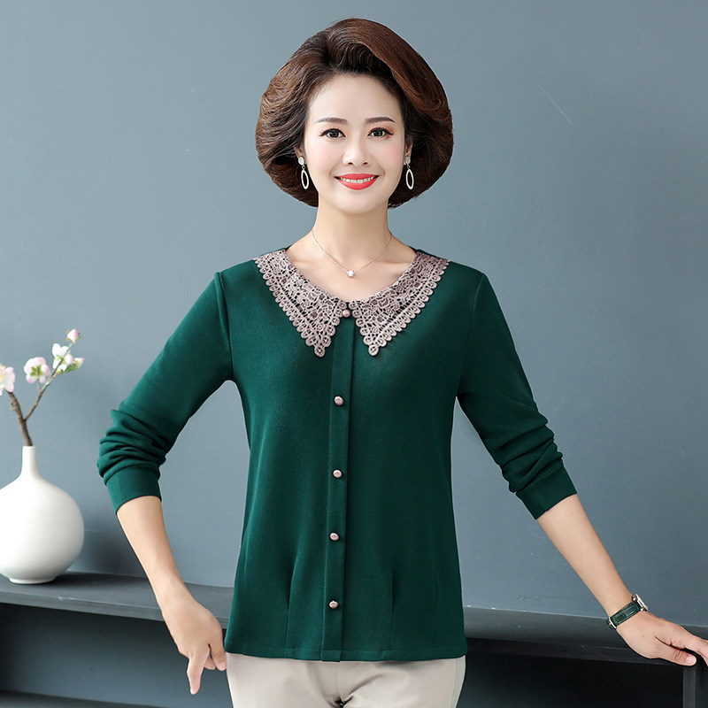 洋气妈妈秋装长袖针织t恤打底衫 红衣景中老年女装