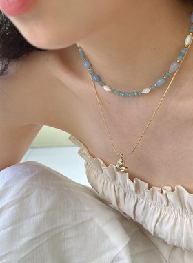 莓拉「潮汐絮语」串珠项链蓝色天使石拼接贝母原创简约百搭锁骨链