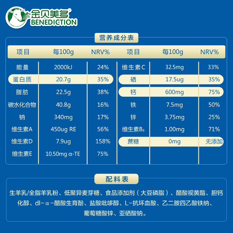 金贝美多羊奶粉成年人中老年无蔗糖奶粉富硒高钙配方羊奶粉400g - 图1