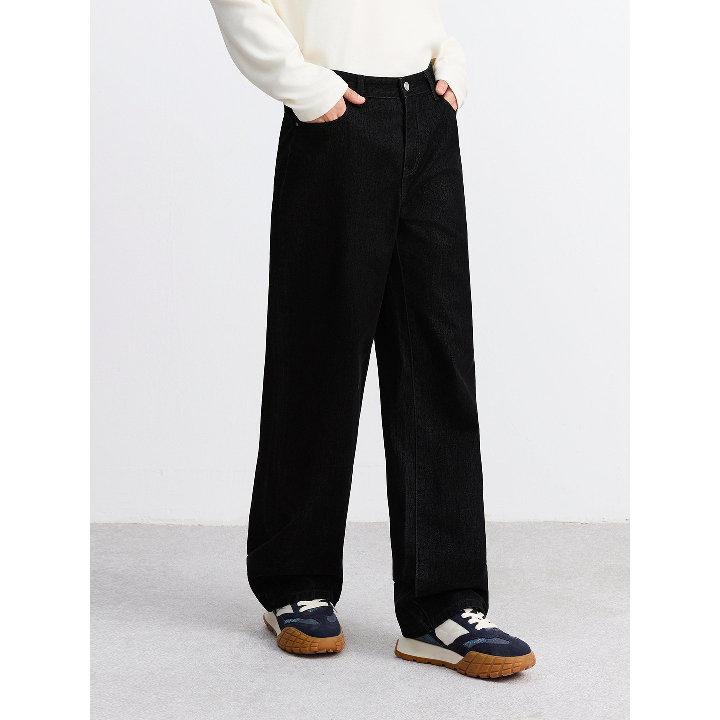 GXG男装 植绒黑色简约宽松直筒牛仔裤男裤子长裤 2025秋季新品