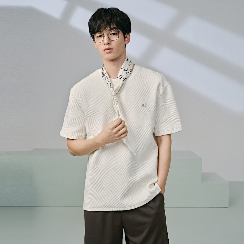 GXG男装 双色肌理面料宽松休闲圆领短袖T恤男士上衣 24年夏季品 - 图1