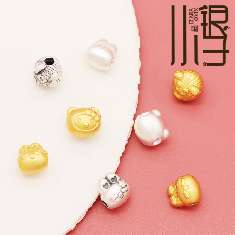 足银隔珠 3D硬银卡通兔子头小熊猫咪可爱三色隔珠S999纯银DIY配件 - 图1